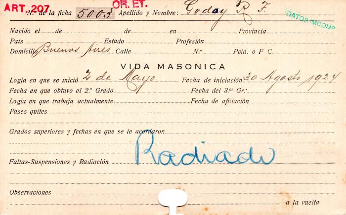 Ficha de miembro de R. F. Godoy.