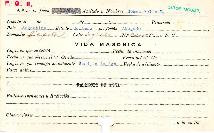 Ficha de miembro de Félix L. Gómez.