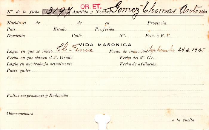 Ficha de miembro de Thomas Antonio Gómez.