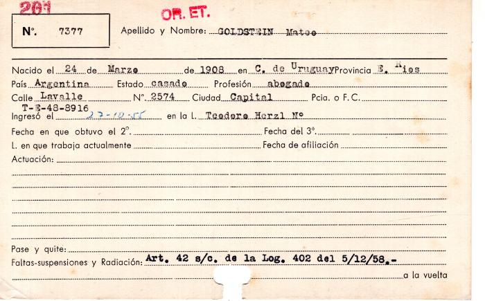 Ficha de miembro de Mateo Goldstein.