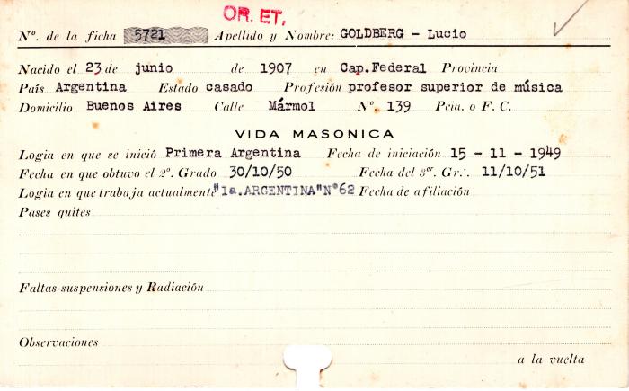 Ficha de miembro de Lucio Goldberg.