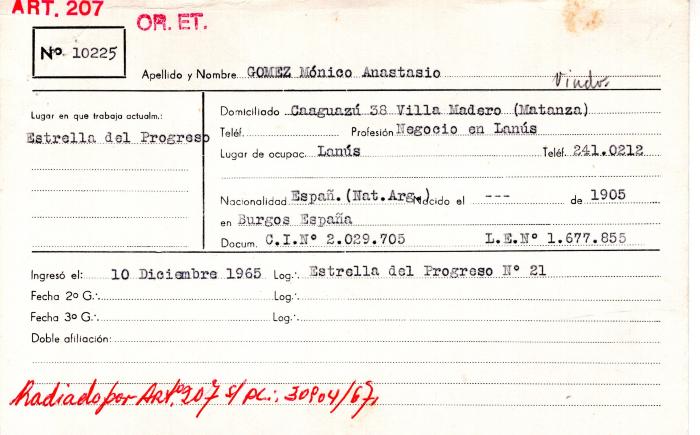 Ficha de miembro de Mónico Anastasio Gómez.