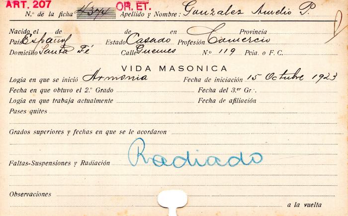 Ficha de miembro de Aurelio P. González.