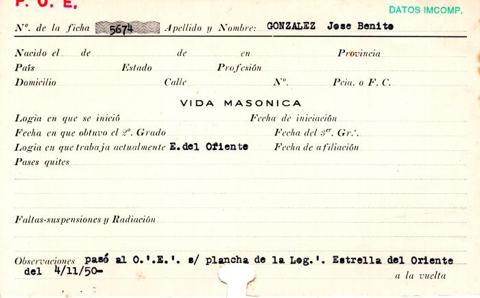 Ficha de miembro de José Benito González.