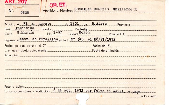 Ficha de miembro de Guillermo R. González Berrino.