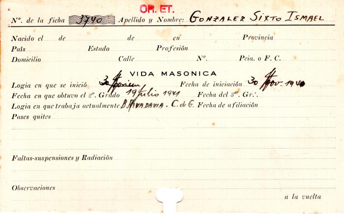 Ficha de miembro de Sixto Ismael González.