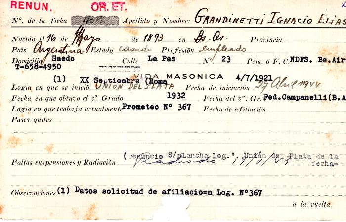 Ficha de miembro de Ignacio Elias Grandinetti.