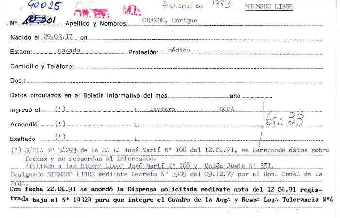 Ficha de miembro de Enrique Grande.