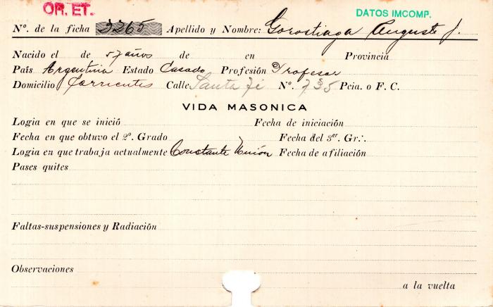 Ficha de miembro de Auguste J. Gorostiaga.