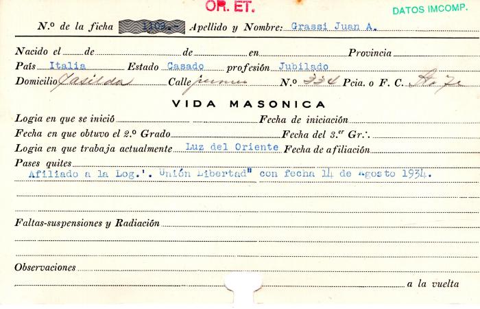 Ficha de miembro de Juan A. Grassi.