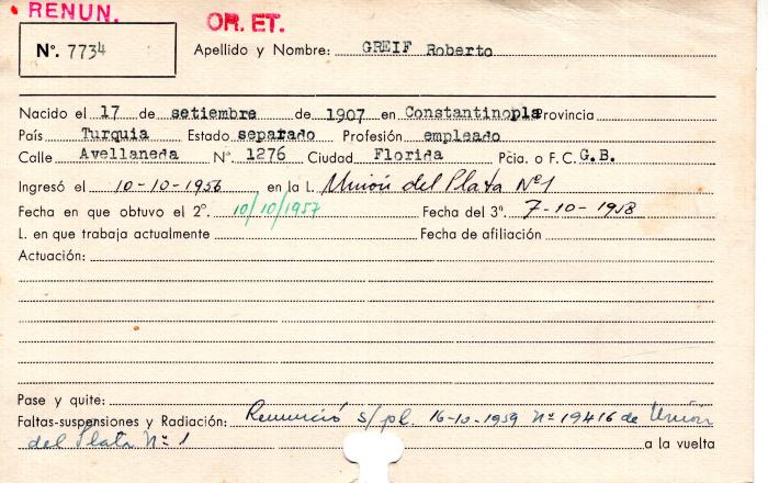 Ficha de miembro de Roberto Greif.