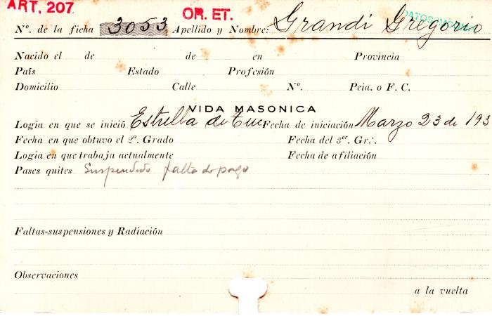 Ficha de miembro de Gregorio Grandi.