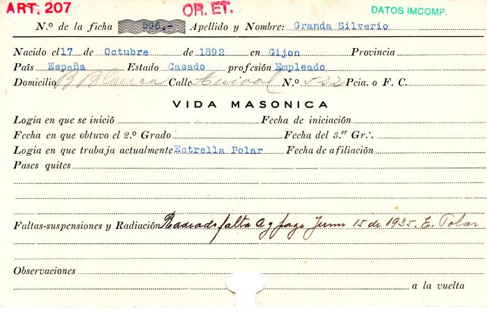 Ficha de miembro de Silverio Granda.