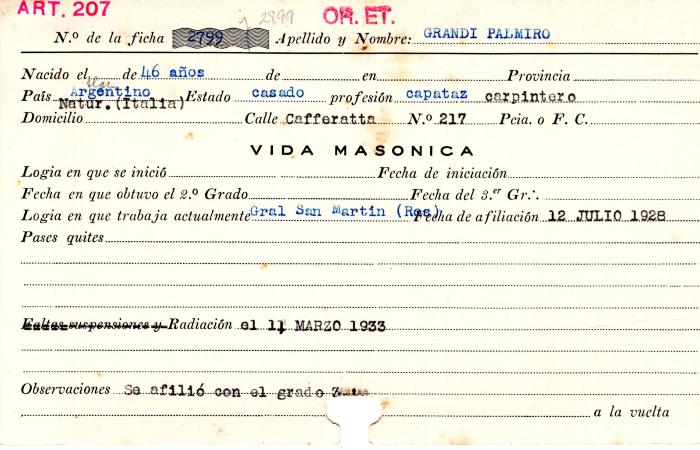 Ficha de miembro de Palmiro Grandi.
