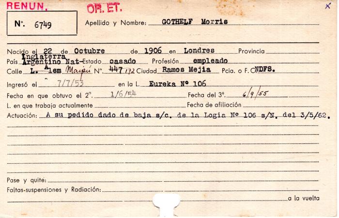 Ficha de miembro de Morris Gothelf.