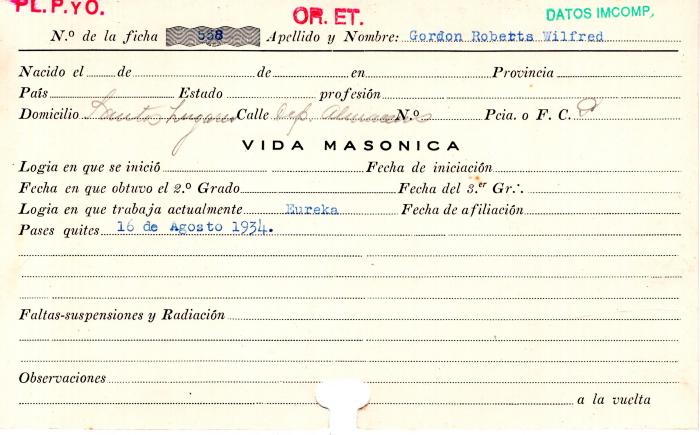 Ficha de miembro de Wilfred Gordon Roberts.