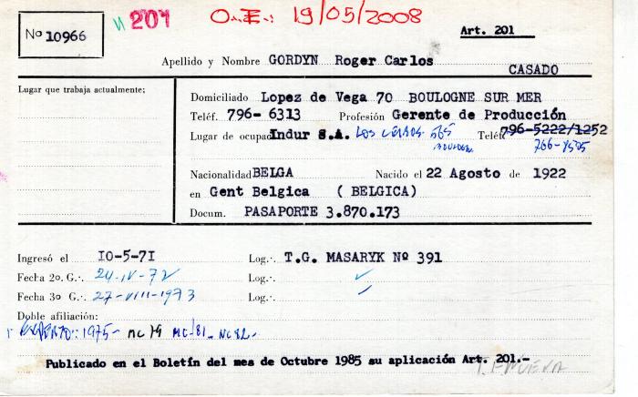 Ficha de miembro de Roger Carlos Gordyn.