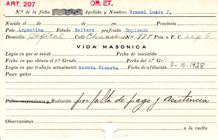 Ficha de miembro de Lucio J. Granel.