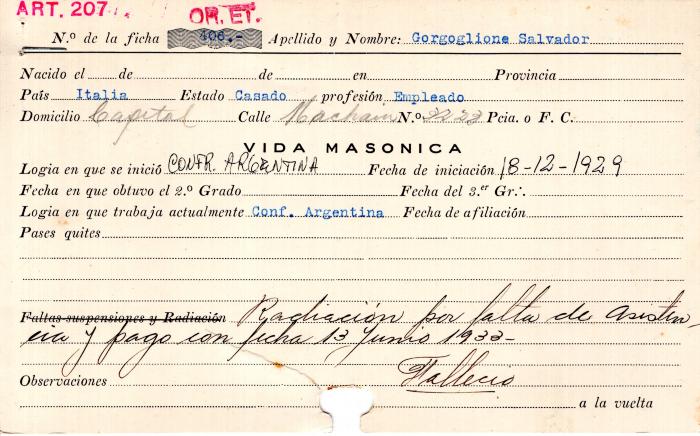 Ficha de miembro de Salvador Gorgoglione.