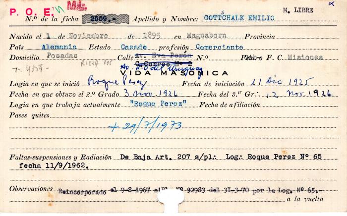 Ficha de miembro de Emilio Gottschalk.