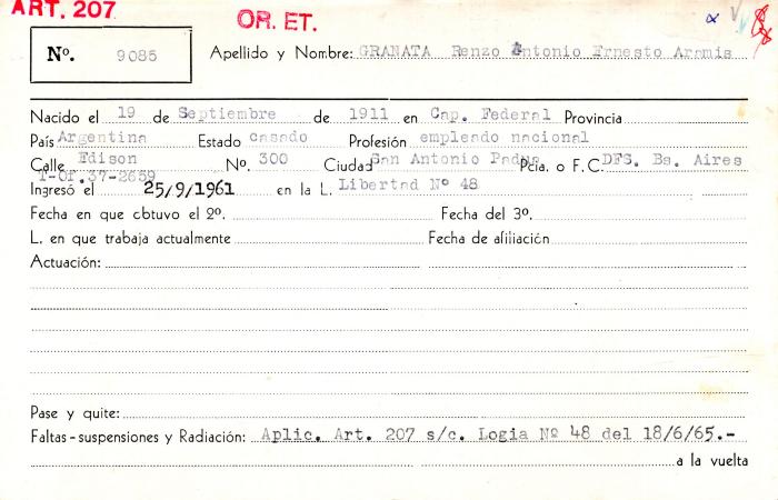 Ficha de miembro de Renzo Antonio Ernesto Aramis Granata.