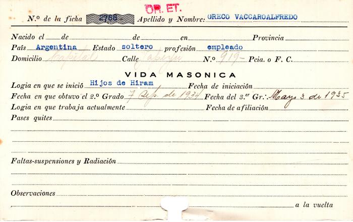 Ficha de miembro de Alfredo Greco Vaccaro.