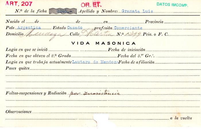 Ficha de miembro de Luis Granata.