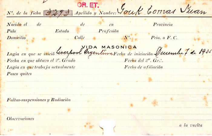 Ficha de miembro de Tomás Juan Gouk.