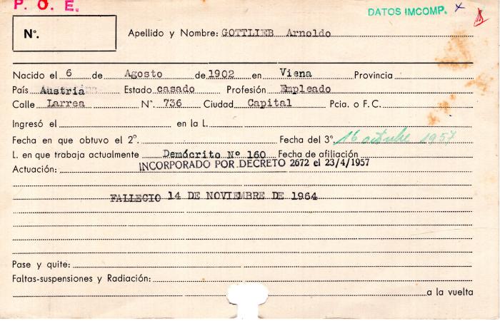 Ficha de miembro de Arnoldo Gottlieb.