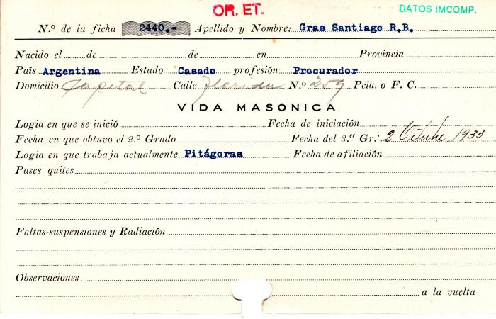 Ficha de miembro de Santiago R. B. Gras.