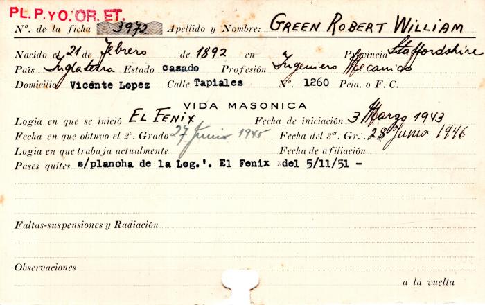 Ficha de miembro de Robert William Green.