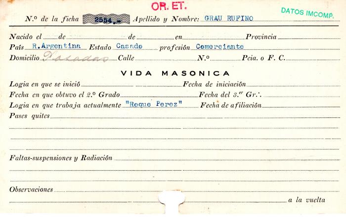 Ficha de miembro de Rufino Grau.