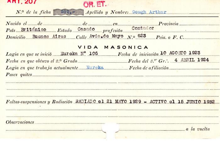 Ficha de miembro de Arthur Gough.