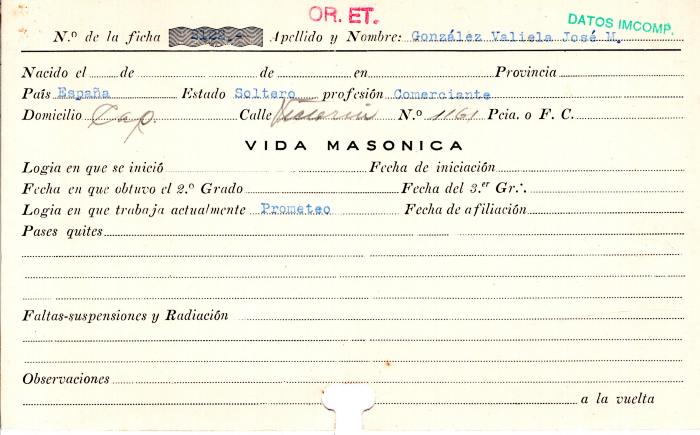 Ficha de miembro de José M. González Valiela.