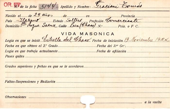 Ficha de miembro de Tomás Graciani.