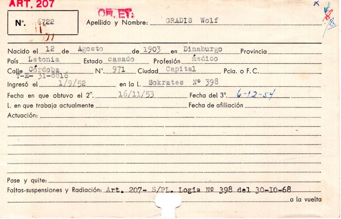 Ficha de miembro de Wolf Gradis.