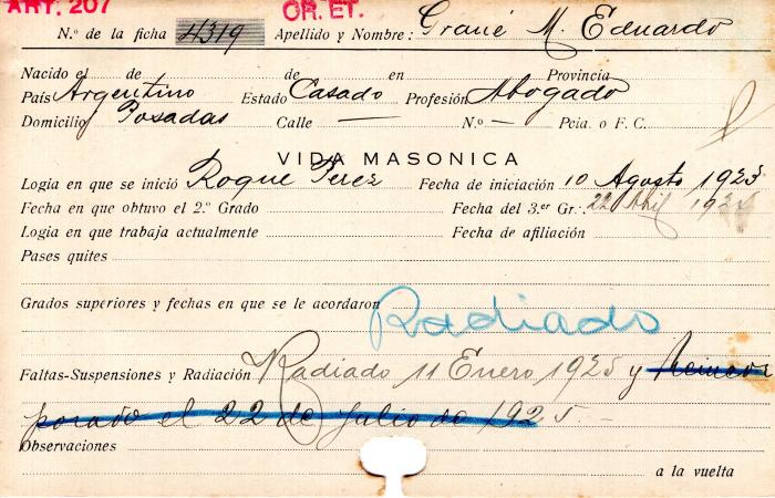 Ficha de miembro de Eduardo M. Grané.