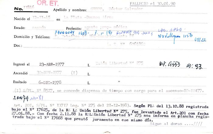 Ficha de miembro de Héctor  Salvador Greco.