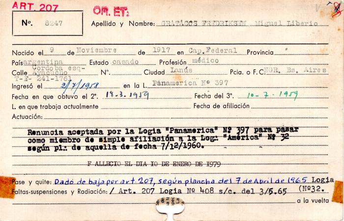 Ficha de miembro de Miguel Liberio Gratacos Fredriksen.