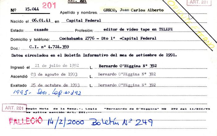 Ficha de miembro de Juan Carlos Alberto Greco.
