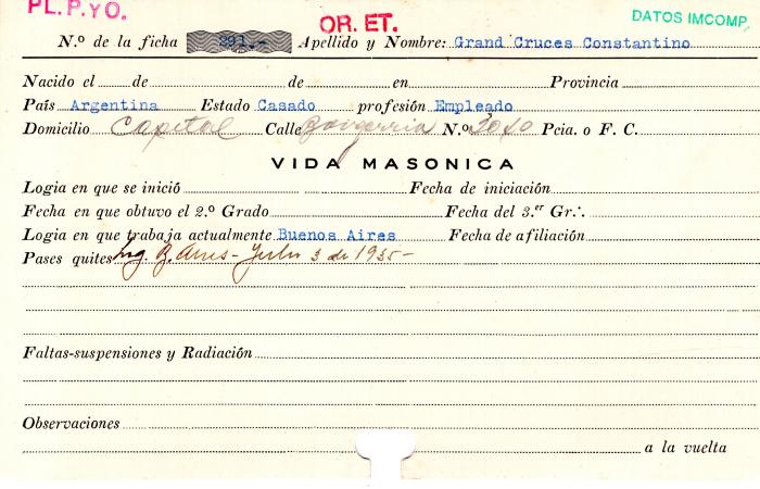 Ficha de miembro de Constantino Grand Cruces.