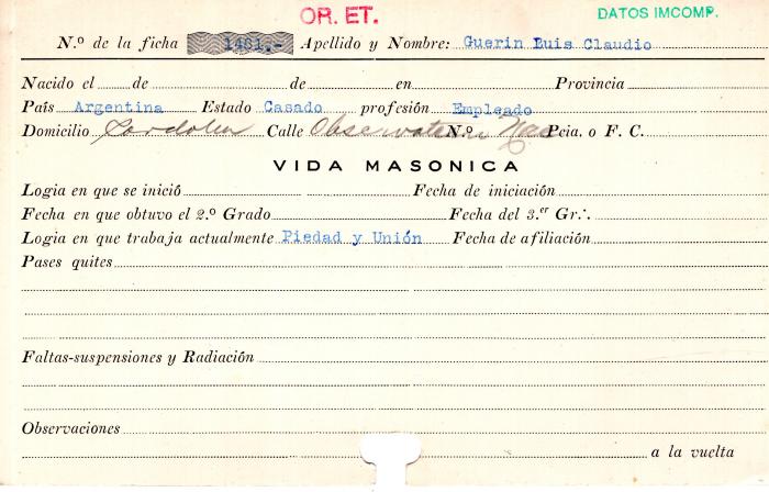 Ficha de miembro de Luis Claudio Guerin.