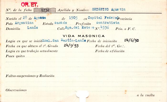 Ficha de miembro de Agustín Grispino.