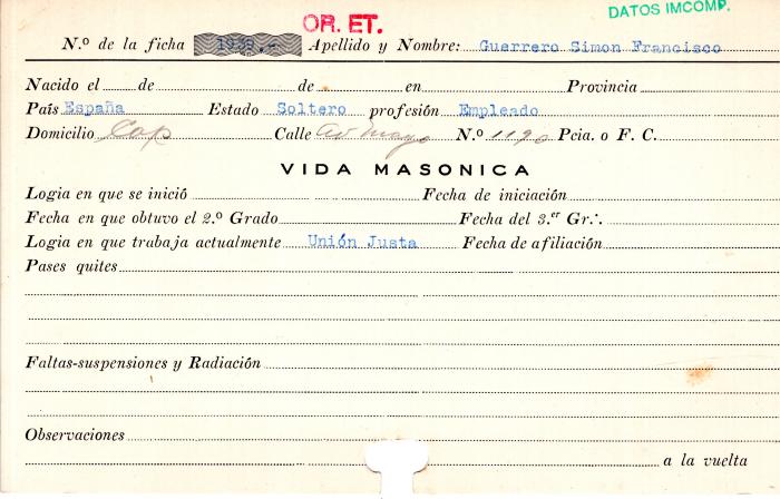 Ficha de miembro de Simón Francisco Guerrero.