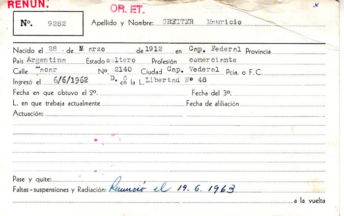 Ficha de miembro de Mauricio Greiter.