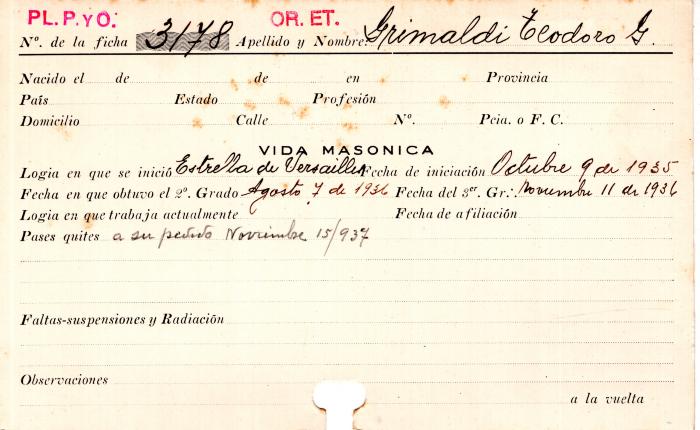 Ficha de miembro de Teodoro G. Grimaldi.