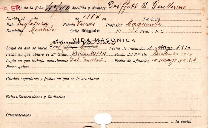Ficha de miembro de Guillermo E. Griffett.