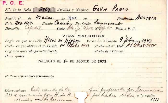 Ficha de miembro de Pablo Grün.