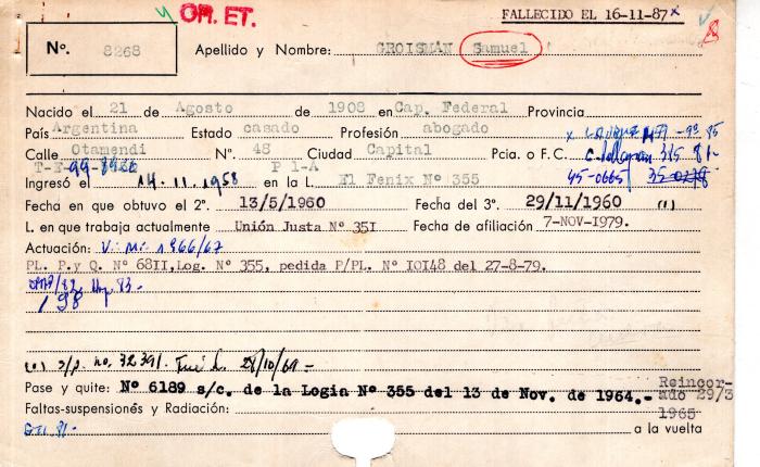 Ficha de miembro de Samuel Groisman.