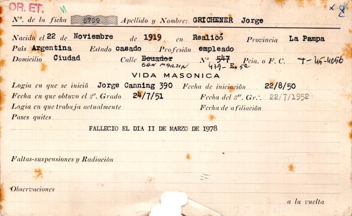 Ficha de miembro de Jorge Grichener.